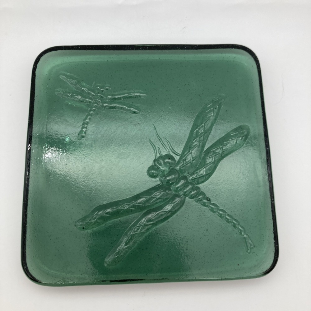 Vintage Embossed Square Green Teal Glass Dragonfly Trivet Paperweight - Heavy
